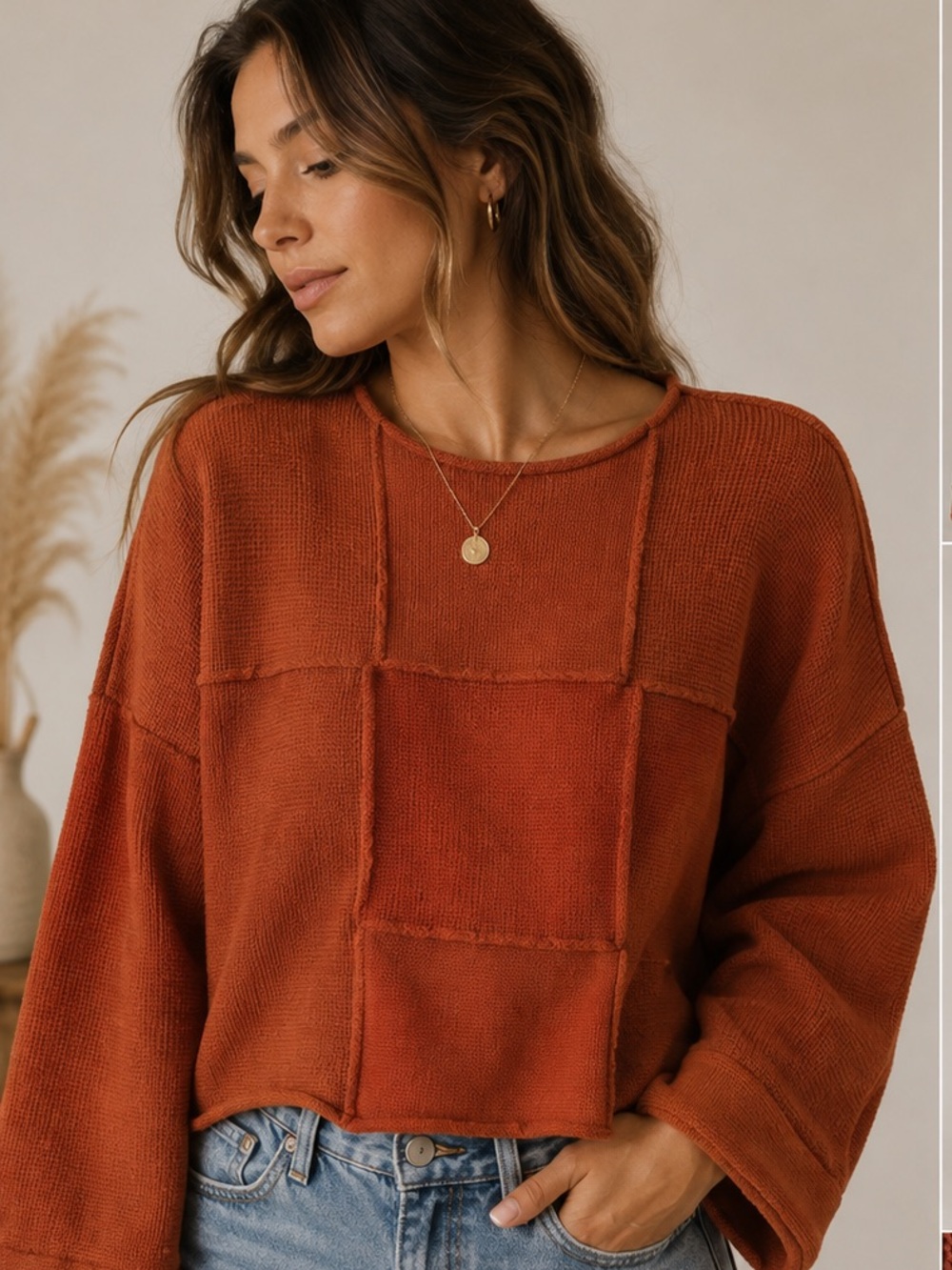 ROOLEE Rust Patchwork Knit Oversized Sweater Size M